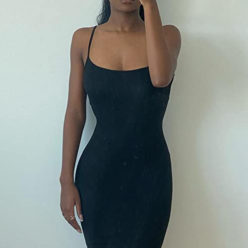 Niuqi Womens Summer Solid Mermaid Dress Spaghetti Straps Sleeveless Floor Length Maxi Sundress Black #TOP3