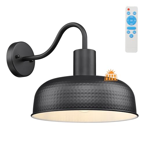Image of Darkaway Solar Barn Light, Industrial Outdoor Wall Light Dusk to Dawn Wall Sconce Gooseneck Exterior Wall Mount Lighting Fixture with Hammered Dome Metal Shade for House Garage Porch Shed Hallway