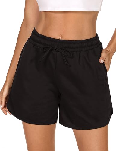 Demegimi Pantalones Cortos Mujer De Deporte Holgados Chandal Pantalon Deporte Mujer Algodón Pantalón con Cintura y Cordón para Jogging Yoga (Negro M)
