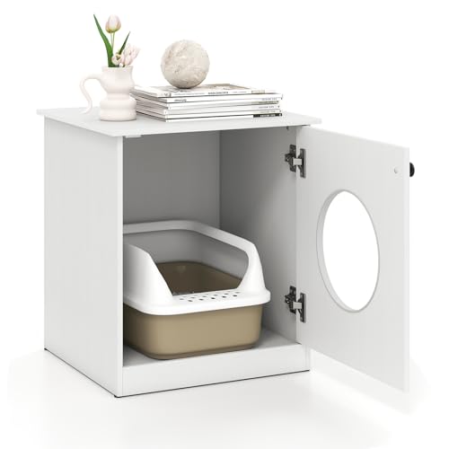 GYMAX 3 in 1 Mobile Lettiera per Gatti Nascosta, Casetta per Gatti Multifunzionale, Tavolino Laterale, Piedini Antiscivolo, Struttura Robusta e Durevole, per Animali Domestici, Per Soggiorno
