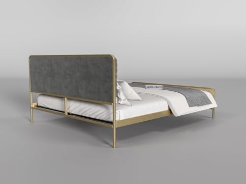 Image of Modern Upholstered Queen Size Bed for Bedroom | Metal Double Bed | Platform Cot Bed with Upholstery Premium Fabric | (6.5 x 5 Ft) | Powder Coated Bed | Grey