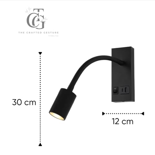 Image of LED Wall Mounted Gooseneck Reading Light with USB Port Adjustable Lamp with 3-Lighting Options for Bedroom & Study|Black