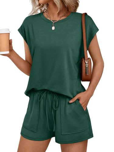 Image of AUTOMET Womens Crew Neck Two Piece Short Sets Cap Sleeve Drawstring Summer Sweatsuit with Pocket