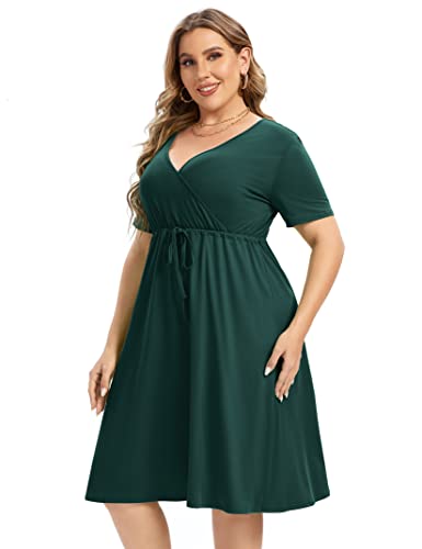 Image of Plus Size Dress Women's V Neck A-Line Knee Length Wrap Mini Dress with Belt Plus Size Dresses for Curvy Womengreen-cs 5X-Large