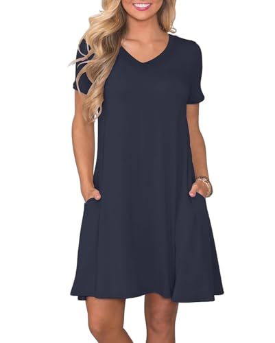 Image of COSSEN Women's Casual T Shirt Dress V-Neck Short Sleeves Swing Dresses Birthday Party Summer Travel Beach with Pocket