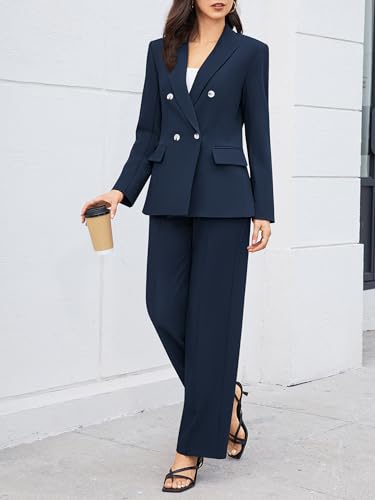Women's 2 Piece Business Casual Outfits Double Breasted Blazer Dressy Wide Leg Work Pants Suits Set3