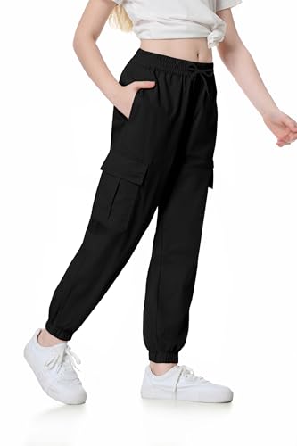 Image of SANGTREE Girl's&Women's 2 Packs Cargo Pants Elastic Waist Drawstring Tapered Multi Pockets Cargo Jogger Pants