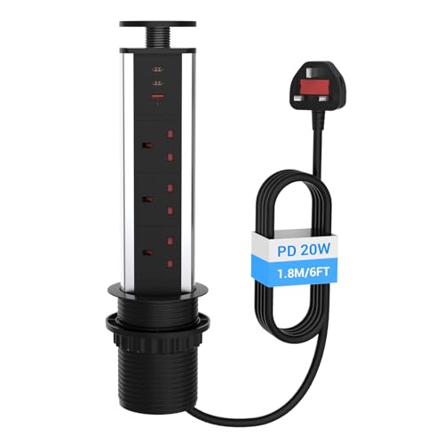 Hanstore Pop Up Socket Pull Pop Up Electrical Plug Socket with 2 Type-C & 1 USB Charging Ports 3 Plug Extension Desk Power for Kitchen Worktops Home Office, Black