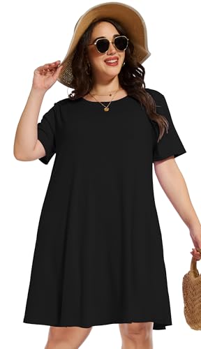 Image of elescat Plus Size Summer Dresses for Women Casual Short Sleeve Pockets Loose Oversized T Shirt Sundress 2026