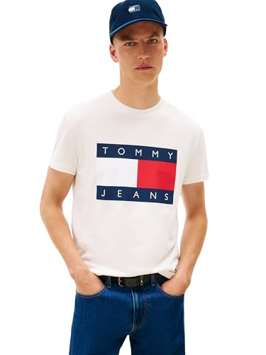 Tommy Jeans Men's Short Sleeve Cotton Graphic T-Shirts with Big Flag Logo Design, Ancient White, S
