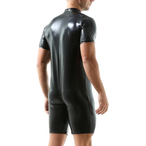 QiaTi Herren Kurzarm Kurze Hose Leotard Zip Strumpfhose Kunstleder Bodysuit