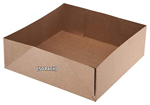 EcoQuality [50 PACK] Kraft Paperboard 4 Corner Pop Up Food Tray - Food and Drink Stadium Tray Carrier - Theater Snack Carrier Box - 10 x 10 x 5 Inches