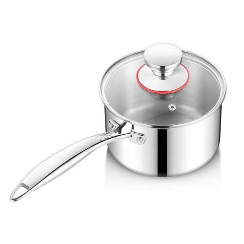 Joyfair Stielkasserolle, 14cm Premium 3-Lagiger Edelstahl Milchtopf Induktion mit Deckel, 1,2 Liter Kochtopf mit Langer Griff, Klein Töpfe für alle Herdarten, Unbeschichtet & Spülmaschinenfest