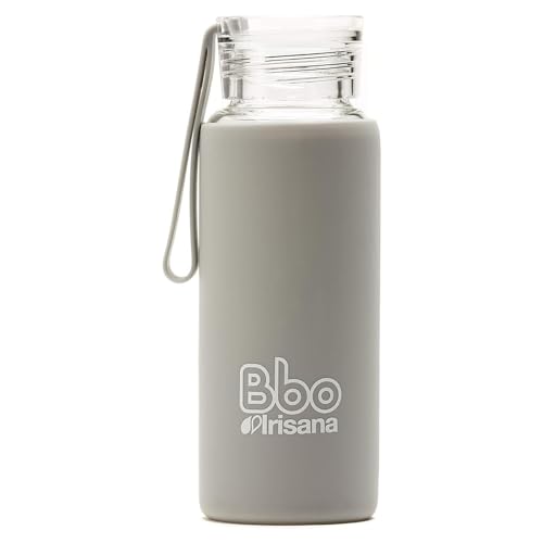 Irisana - Botella de Agua - 330 ml - Gris - 6,5 x 6,5 x 18 cm - Garrafa Deportiva de Cristal Ideal Gimnasio - Con Borosilicato y Silicona - Colección Bbo