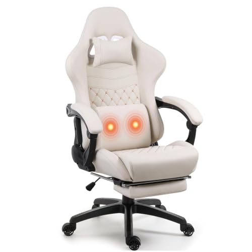 Image of Gaming Chair with Massage and Footrest, Big and Tall Ergonomic High Back PU Leather Computer Office Chair for Heavy Adults, Supports 350LBS, Ivory