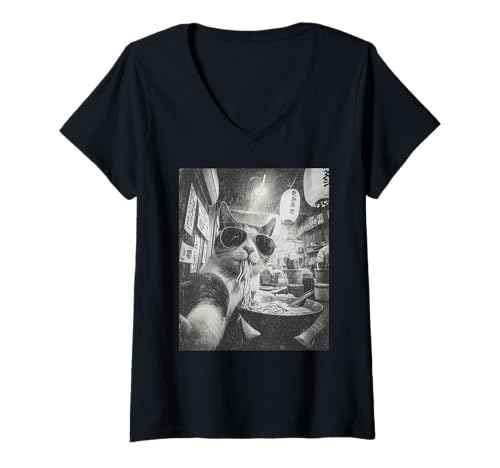 Femme Drôle Vintage Chat Selfie Mangeant Japonais Ramen Nouilles Meme T-Shirt avec Col en V