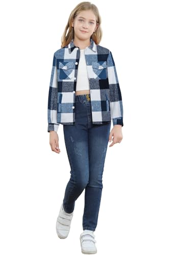 SANGTREE Girls Flannel Shirt Jacket Button Down Long Sleeve Plaid Shacket, Plaid Jacket Blue, 9-10 Years = Tag 1603