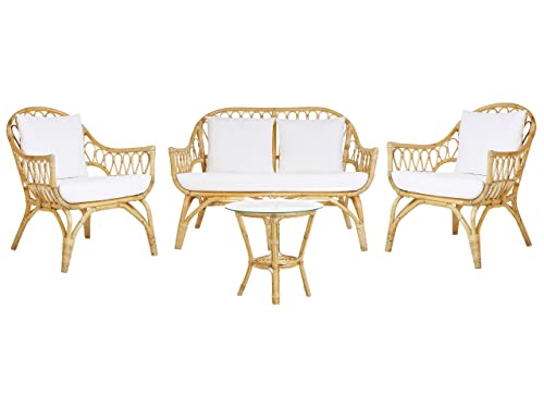 Lounge Set natürlicher Farbton 4er Sitzer Rattan Auflagen Weiß Sibari