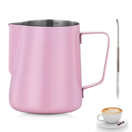 Milk Frothing Pitcher,Tianher Milk Jug Cup Stainless Steel Frothing Pitcher 350ml with Measurement and Latte Decorating Art Pen for Barista Making Coffee Cappuccino(Pink)