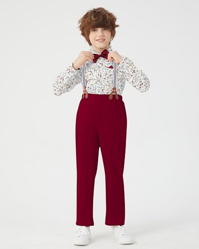 Image of DISAUR Boys Dress Clothes Wedding Ring Bearer Outfit Boy Formal Suits Dress Shirt with Bow Tie +Suspender Pants Set