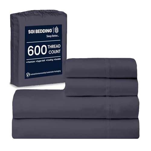 Image of SGI bedding Full XL Bed Sheets Set - Premium 600 TC Egyptian Cotton, Crisp Cooling Sateen Weave, Extra Soft Hotel Collection, Fits Mattresses Up to 16 Inch Deep, Breathable Long Lasting - Dark Grey