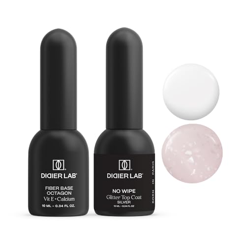 DIDIER LAB Fiber Base Coat Octagon y Top Coat No Wipe Glitter Silver Set – Refuerzo Fuerte para Uñas y Acabado Plateado de Alto Brillo – Set de Uñas Gel de Larga Duración - 2×10ml