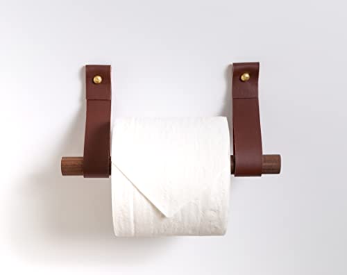 Small Bathroom 2 Piece Fixture Set Leather & Wood Toilet Paper Holder Black Hand Towel Ring Hook Wall Strap Modern Minimal Half Bath Design #TOP7