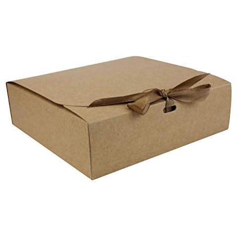 Emartbuy Pack of 12 Square Shaped Presentation Gift Box, 24 cm x 24 cm x 5 cm, Easy Assembly, Brown Kraft Box with Bow Ribbon Cover