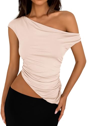 PRETTYGARDEN Womens 2025 Summer Off The Shoulder Crop Tops Sleeveless One Shoulder Ruched Asymmetrical Y2K Going Out Tank Top (Beige,Small)