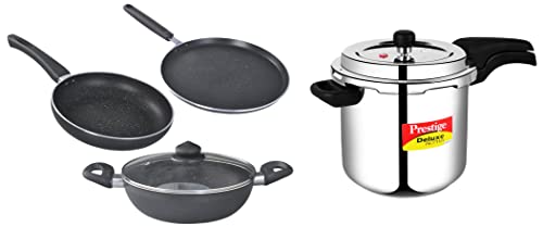 Image of Prestige Svachh Deluxe Alpha 5.5 Litre Stainless Steel Outer Lid Pressure Cooker & Prestige Omega Deluxe Granite Aluminium Kitchen Sets with 1 Glass Lid (Black) - 3 Pieces