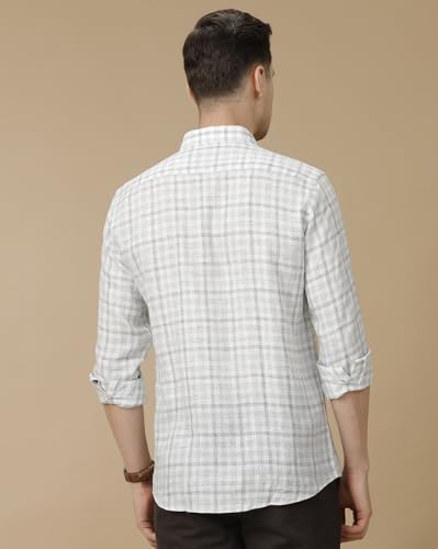 Image of Linen Club Men's Pure Linen Blue Checked Contemporary Fit Half Sleeve Casual Shirt