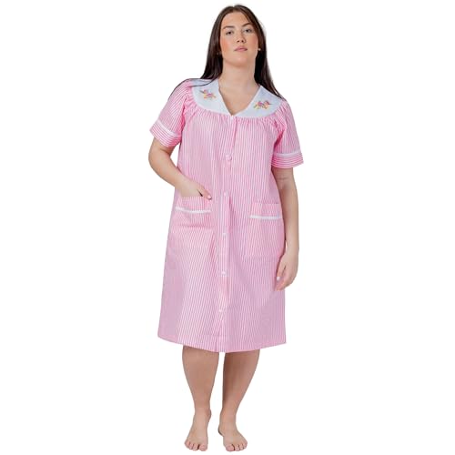 Image of Women's Short Sleeve Woven Snap-Front Closure Striped Embroidery Housecoat Duster Nightgown with Front Pockets