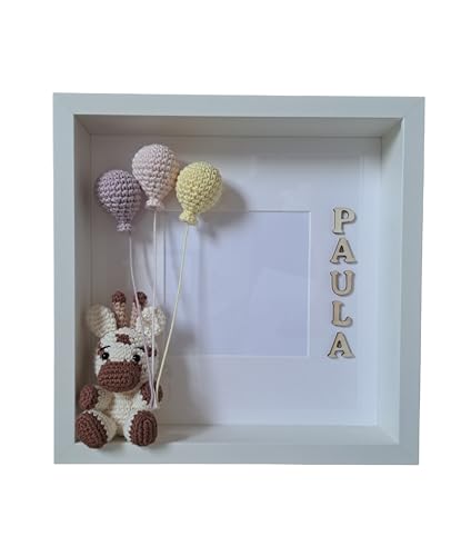 Marco de Fotos Personalizado | madera blanco, decorado con Animales, Ciervo, Jirafa y Globos | Crochet | Regalo Bebé | Personalizado con Nombre | Regalo Nacimiento | , tamaño 27x27, foto 12x12