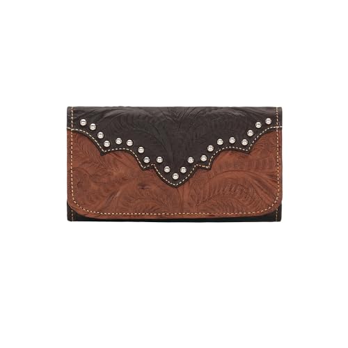 Image of American West Hand Tooled Handcrafted 100% Genuine Leather Tri-Fold Wallet for Women Credit Card Slots Cash Pocket and Clear ID Holder Western (Medium Brown)