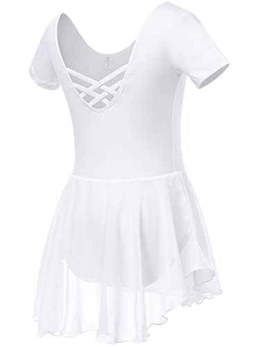 Soudittur Vestito Costume da Balletto Manica Corta Body Danza Classica Ginnastica Artistica Balletto Leotard con Chiffon Gonna per Bambina e Ragazze (120, Bianco)