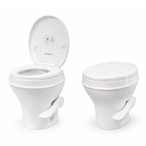 Image of SEAFLO RV Toilet, Residential Height 18.4 inch, Gravity Flush Foot Pedal, Soft Close Seat, Camper Toilet for RV Motorhome Travel Trailer, White, SFRTPH-01-01, 4-Year Warranty