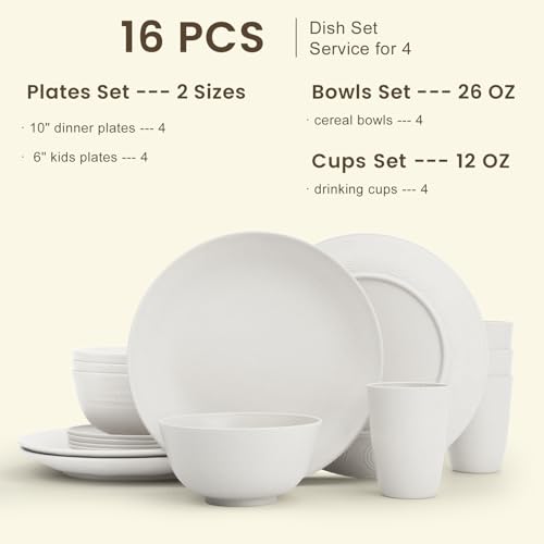 Image of Homienly Wheat Straw Dinnerware Sets - 16 PCS Unbreakable Dinner Plates,Dessert Plates,Cereal Bowls,Drinking Cups,Dishes Sets for 4,Reusable Dishwasher & Microwave Safe for Kitchen - White