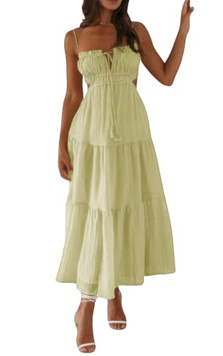 Image of ebossy Women's Cut Out Ruffled Long Boho Dress Sexy Spaghetti Straps Open Back Flowy Sundress (Small, S-Yellow)