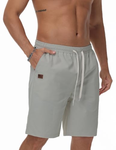 Demucy Men's Casual Shorts Summer Elastic Waist Drawsting Twill Chino Short with 4 Pockets for Golf Hiking Vacation Outfit Light Gray XL