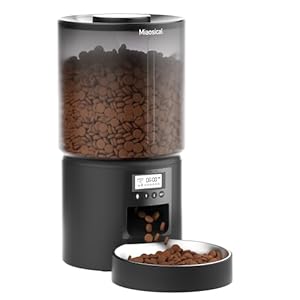 Automatic Cat Feeder,5.2L Flexible Schedule Timer,6 Meals/Day,1-12 Portions/Meal,Dual Power Auto Feeder Dry Food Dispenser,10S Voice Record,for Cats & Small Dogs (Black,Stainless Steel Bowl)