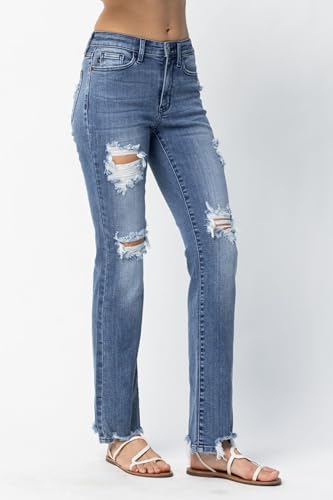 Judy Blue Destroyed Straight Mid-Rise Jeans for Women – Comfortable Stretch Denim with Distressed Details - 824253