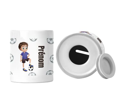 Tirelire Personnalisable avec prénom - Cadeau Original Enfant - Modèle garçon Football, TI GFOOT, Blanc, Hauteur 13 cm Hauteur 8 cm