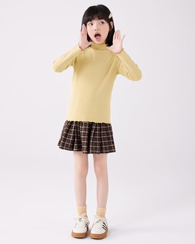 Image of ACESTAR Girls Solid Lettuce Trim Mock Neck Shirt Long Sleeve Slim Fit Ribbed Knit Tee Ruffle Tops Soft Base Layer