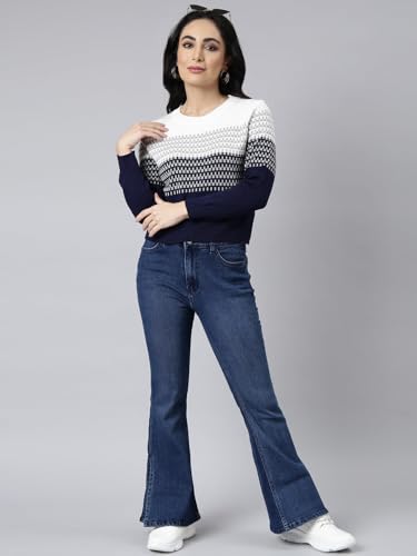 Image of SHOWOFFFF Women Geometric Fitted Casual Top | Round Neck Full Sleeves Knitted Top's for Womens | Regular Fit Midi Tops for Women's