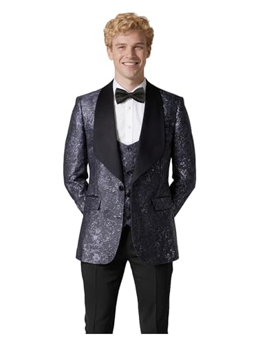 Suits for Men Slim Fit 5 Pieces Tuxedo Blazer Shawl Lapel Printed Vest Pants Shirt Bow Tie Prom Party Business