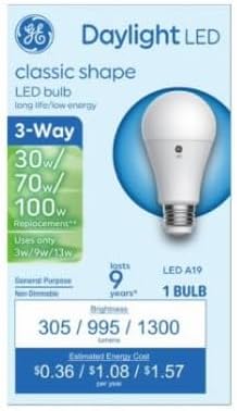 GE 93130564 LED 3-Way Light Bulb, A19 Medium Base, Daylight, 3/9/13 Watt - Quantity 6