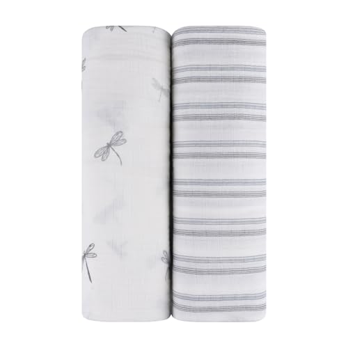 Image of Ely's & Co. Muslin Swaddle Blankets 2-Pack for Baby Boy, 100% Cotton Muslin Extra Large Swaddle Receiving Blankets, 47 inchx47 inch (Blue Dragonflies + Stripes)