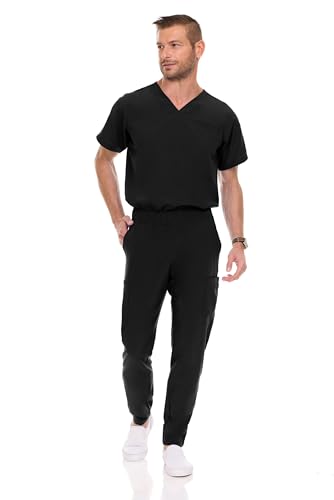 MediChic Men Scrubs Set - Stretch V-Neck Scrub Top with 7-Pocket Pants, Anti-Wrinkle, Yoga Waistband Workwear Scrubs for Men (Black, M)