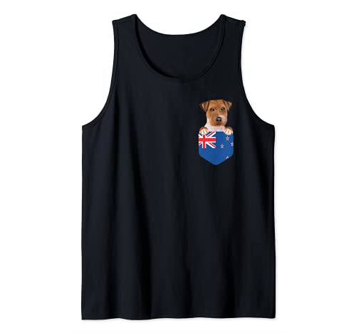 New Zealand Flag Russell Terrier Dog In Pocket Tank Top, Black