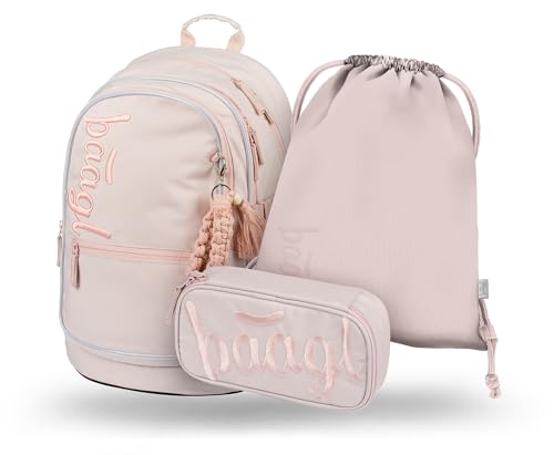 Baagl Schulrucksack Set Jungen Mädchen 3 Teilig, Schultasche für Grundschule Volksschule, Grundschule Ranzen mit Brustgurt, Ergonomischer Schulranzen (Sand)